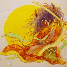 宮間夕子/YUKO MIYAMA 《振りかざす》 2021, 27.3×22.0cm, 油彩、アクリル、綿布、白亜地