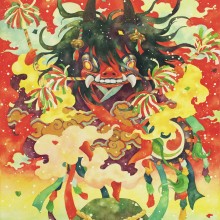 宮間夕子　Yuko Miyama 《小鬼の舞い》　2024年　45.5×38cm　油彩、水彩、アクリル、木パネル